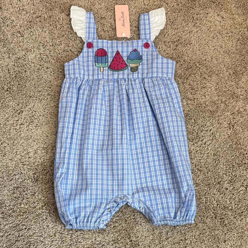 Adorable Blue Checkered Kids Romper with Fun Patches